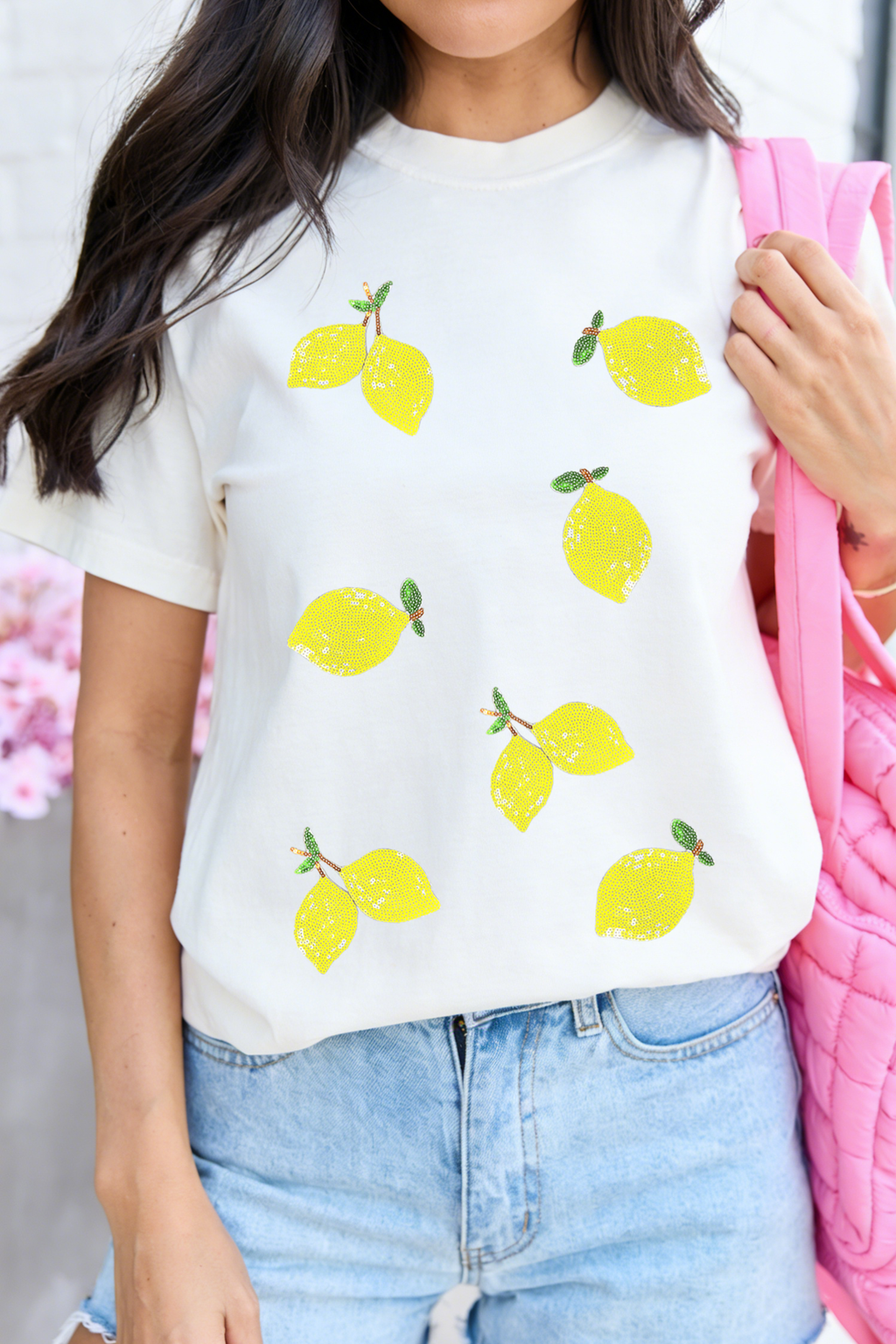 White Sequin Lemon Graphic Casual Summer Tee