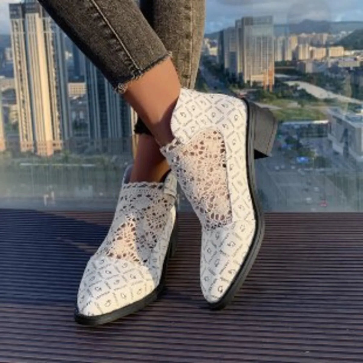 Printed Point Toe Block Heels Boots
