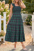 Green Plaid Ruffle Sleeveless Shirred Bodice Tiered Midi Dress