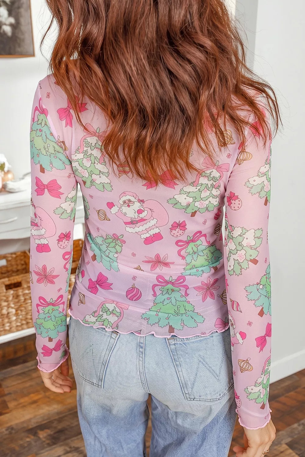 Christmas Print Sheer Mesh Slim Fit Long Sleeve Top