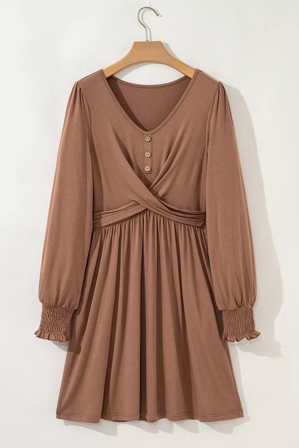 Shirred Cuff Long Sleeve Button Round Neck Mini Dress