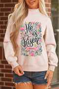 Apricot Pink He is Risen Floral Christian Easter Mock Neck Sweatshirt