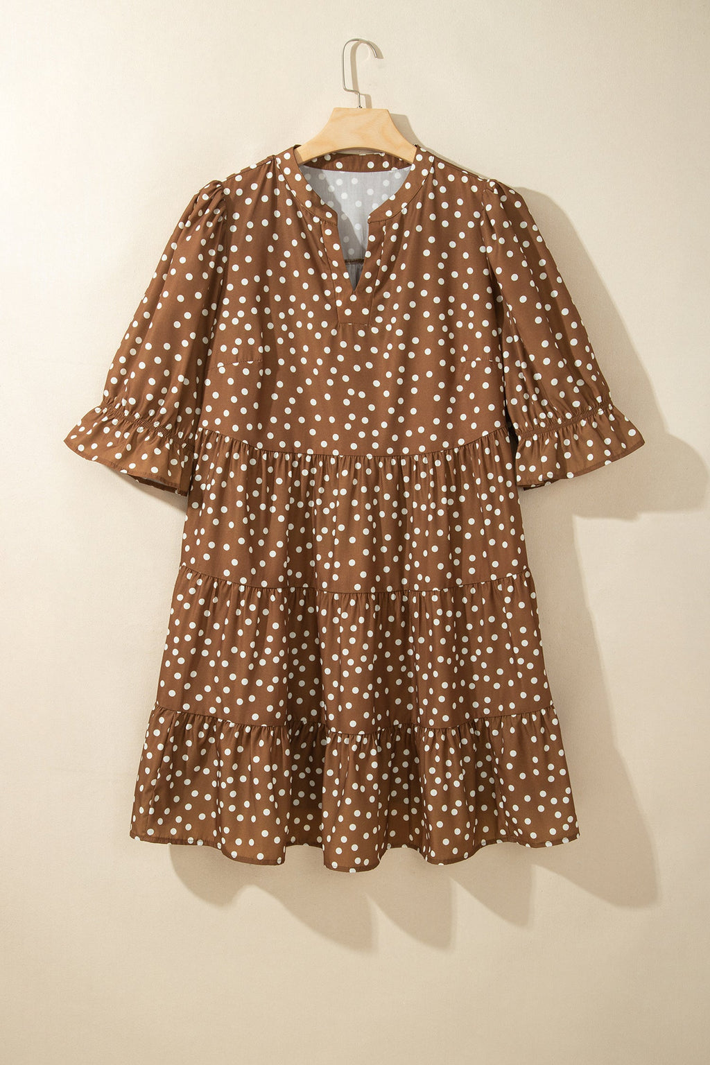 Brown V Neck Polka Dot Long Sleeve Shift Plus Size Dress