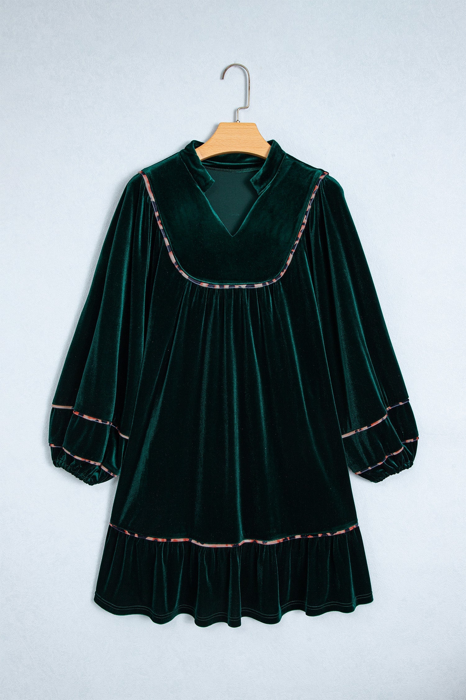 Blackish Green Leopard Trim Velvet Long Sleeve Shift Dress