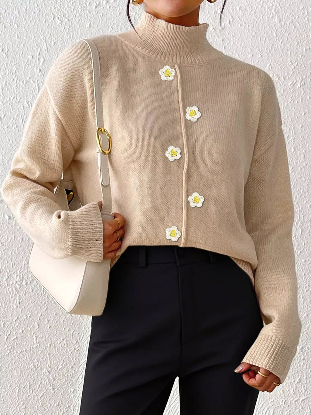 Floral Applique Turtleneck Sweater