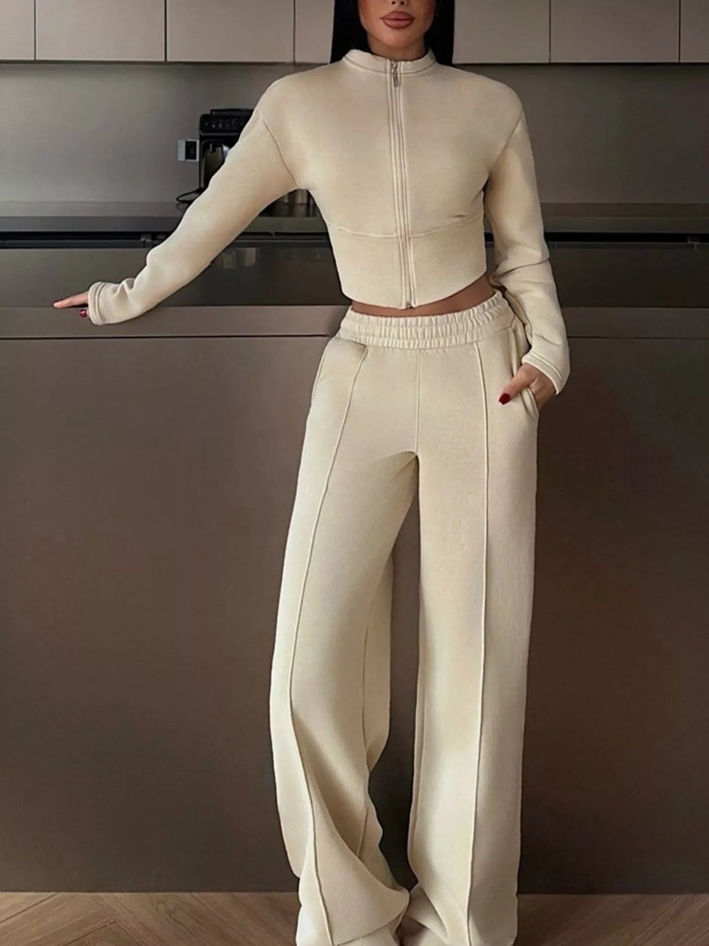 Zip-Up Crop Jacket and Wide-Leg Pants Set