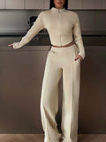 Zip-Up Crop Jacket and Wide-Leg Pants Set