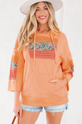 Plaid Floral Patchwork Kangaroo Pocket Hooded Top