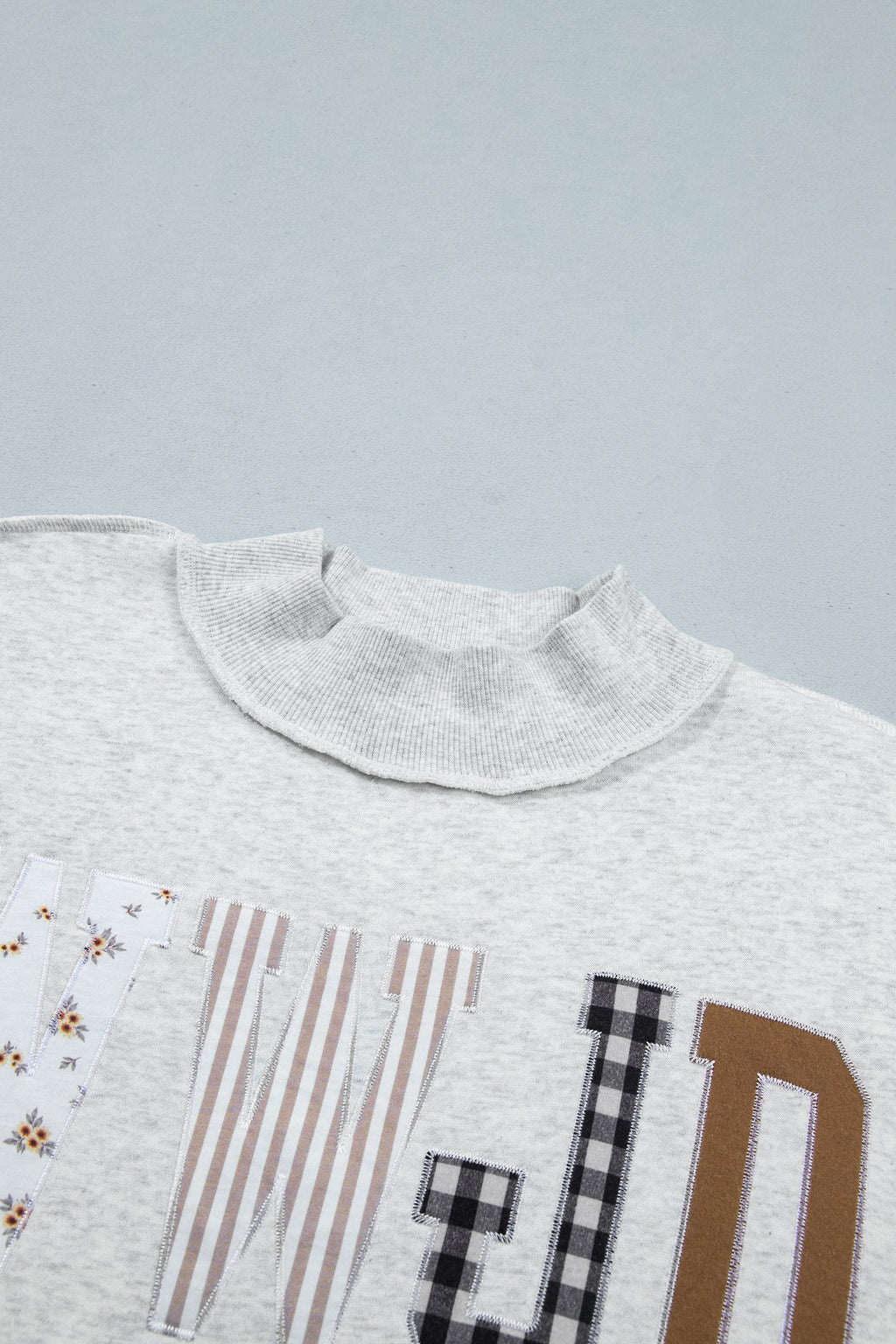 Coffee WWJD Mixed Pattern Embroidered Patch Graphic Mock Neck Sweatshirt