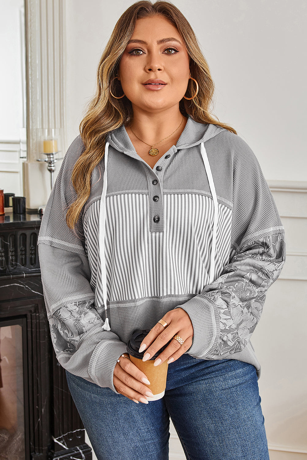 Plus Size Stripe Patchwork Waffle Half-Button Hooded Top