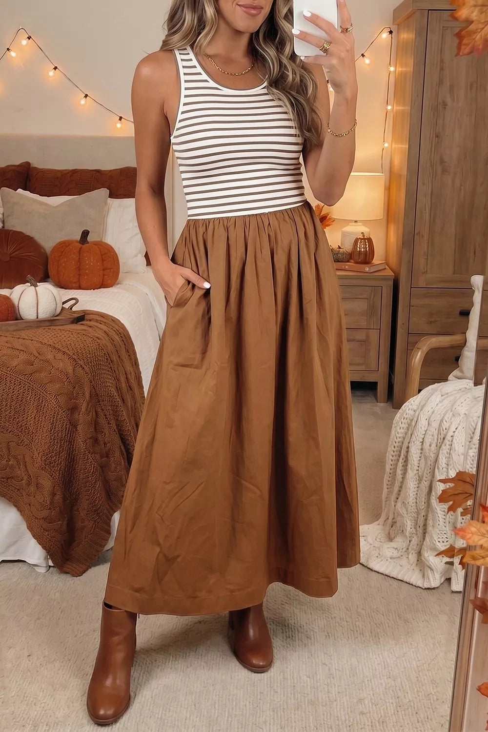Striped Colorblock Patchwork Sleeveless Casual Long Dress