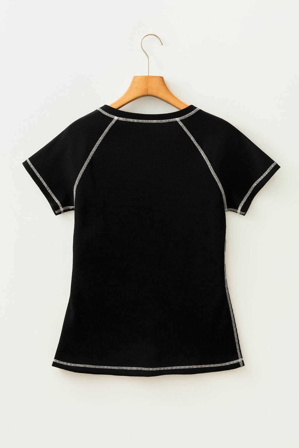 Black Waffle Textured Contrast Trim V Neck Tee