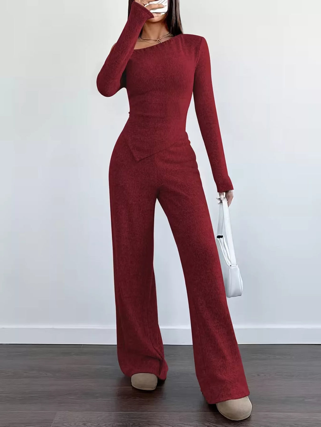 Chic One-Shoulder Asymmetrical Top and Wide-Leg Pants Set