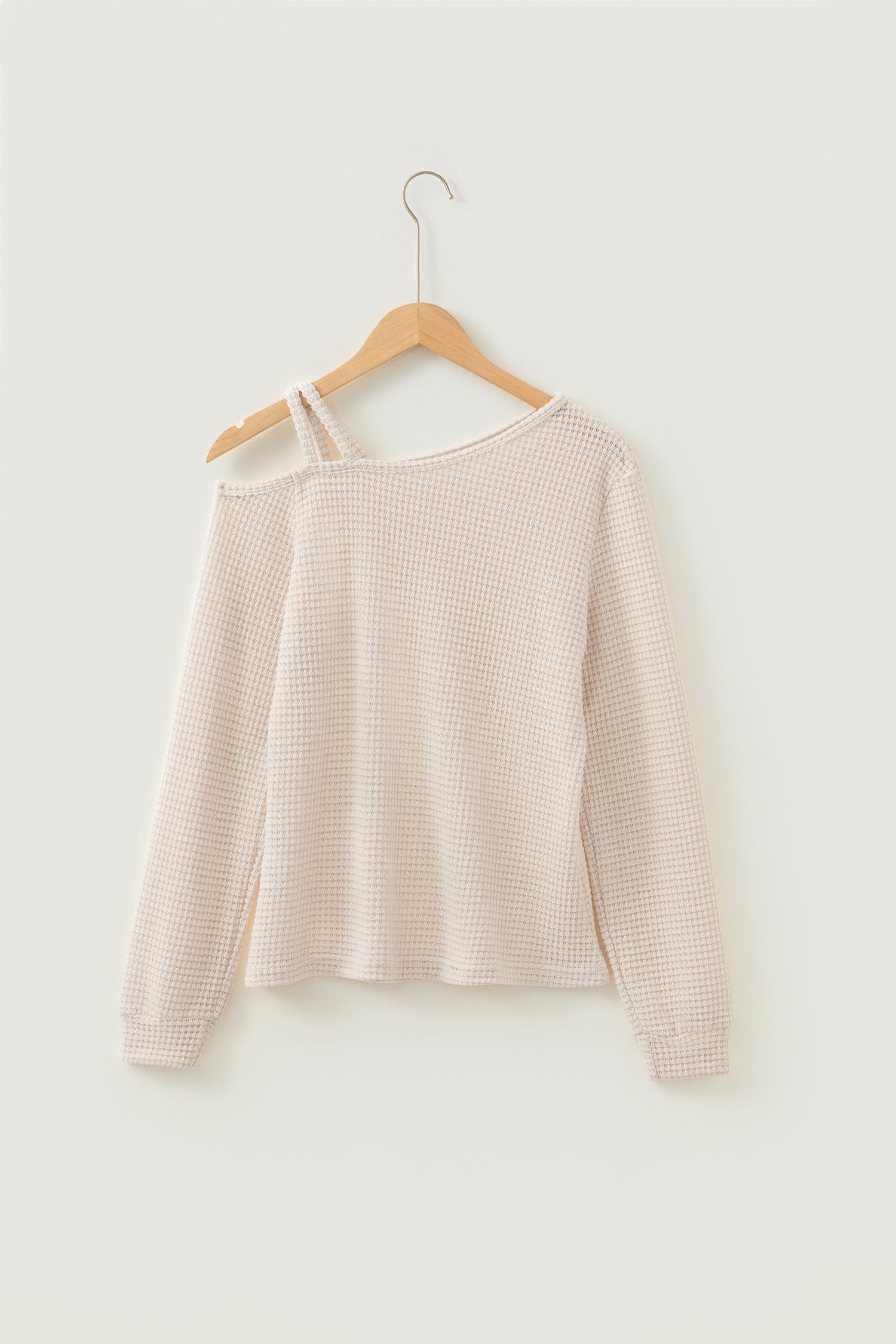 Jet Stream Solid Color Textured Knit Asymmetric Shoulder Long Sleeve Top