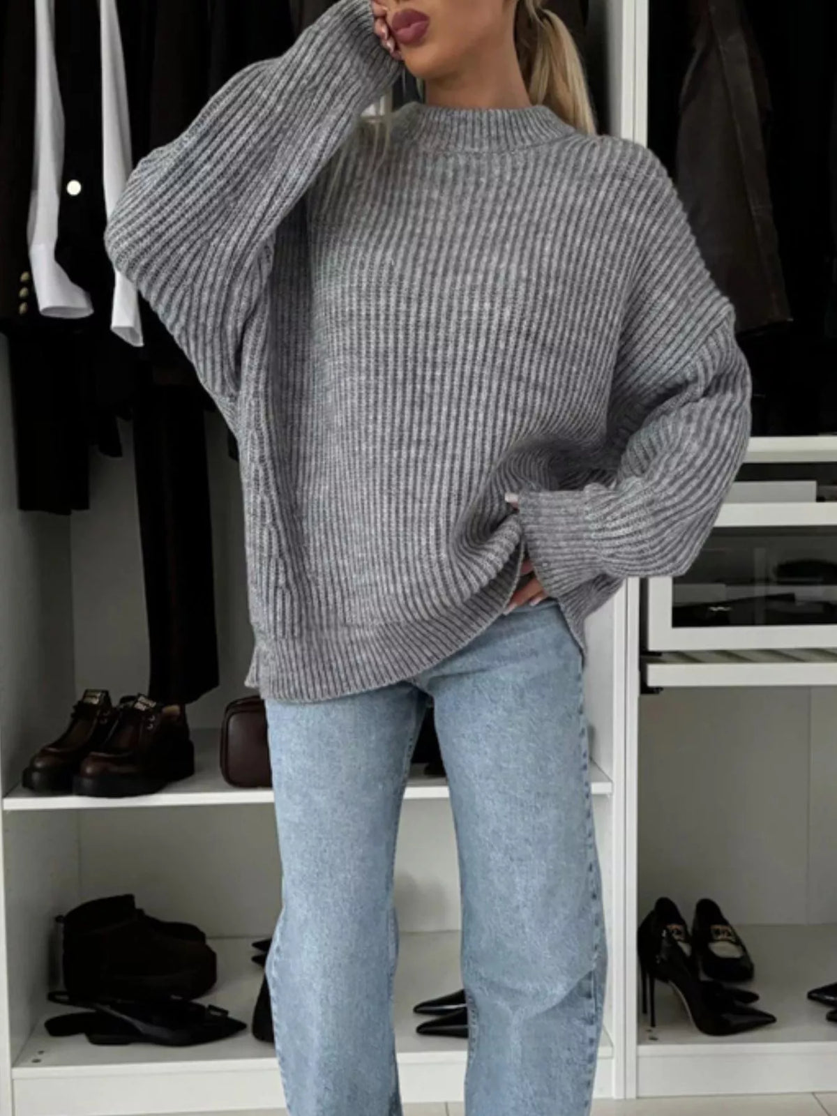 Ribbed Knit Crew Neck Sweater
