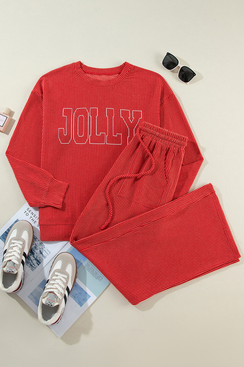 Christmas Letter Print Corded Knit Top & Pants Set
