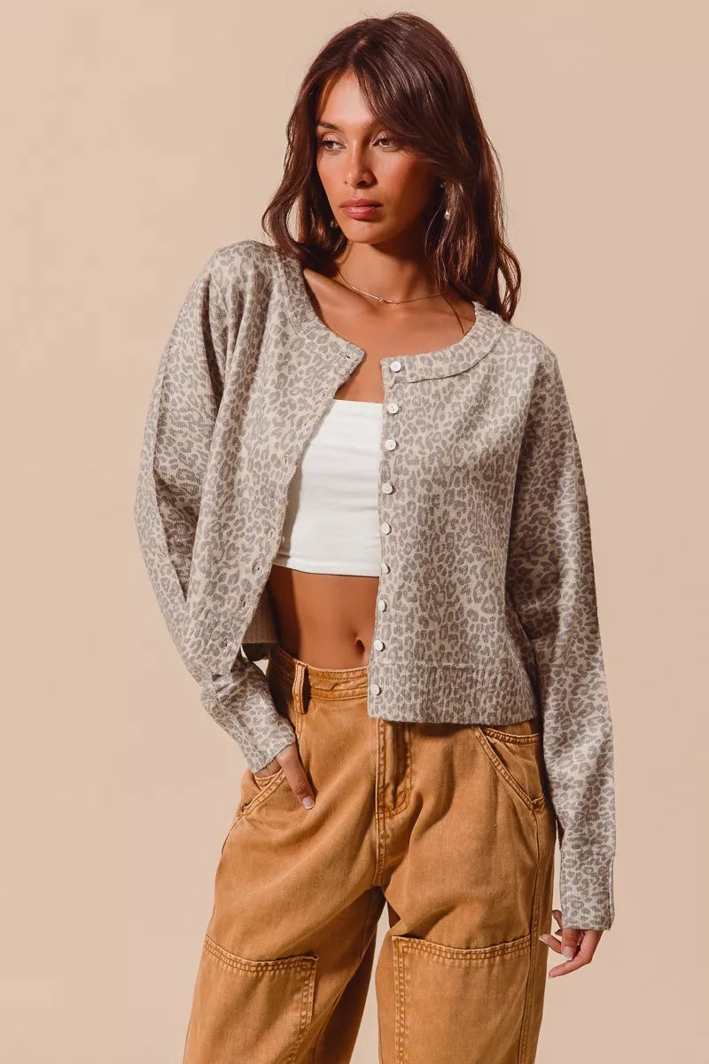 SO ME Two Tone Leopard Vintage Print Button Up Cardigan
