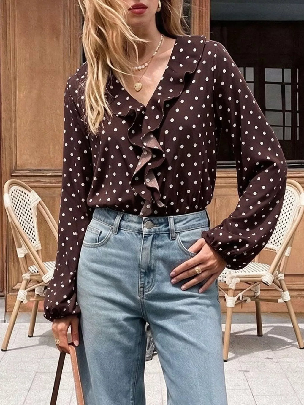 Polka Dot Ruffled V-Neck Bodysuit