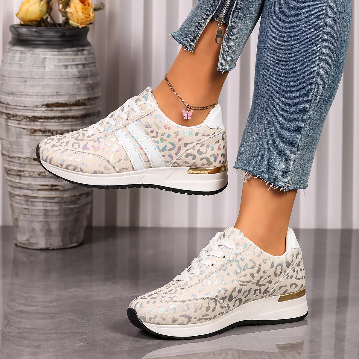 Leopard Print Lace-Up Sneakers