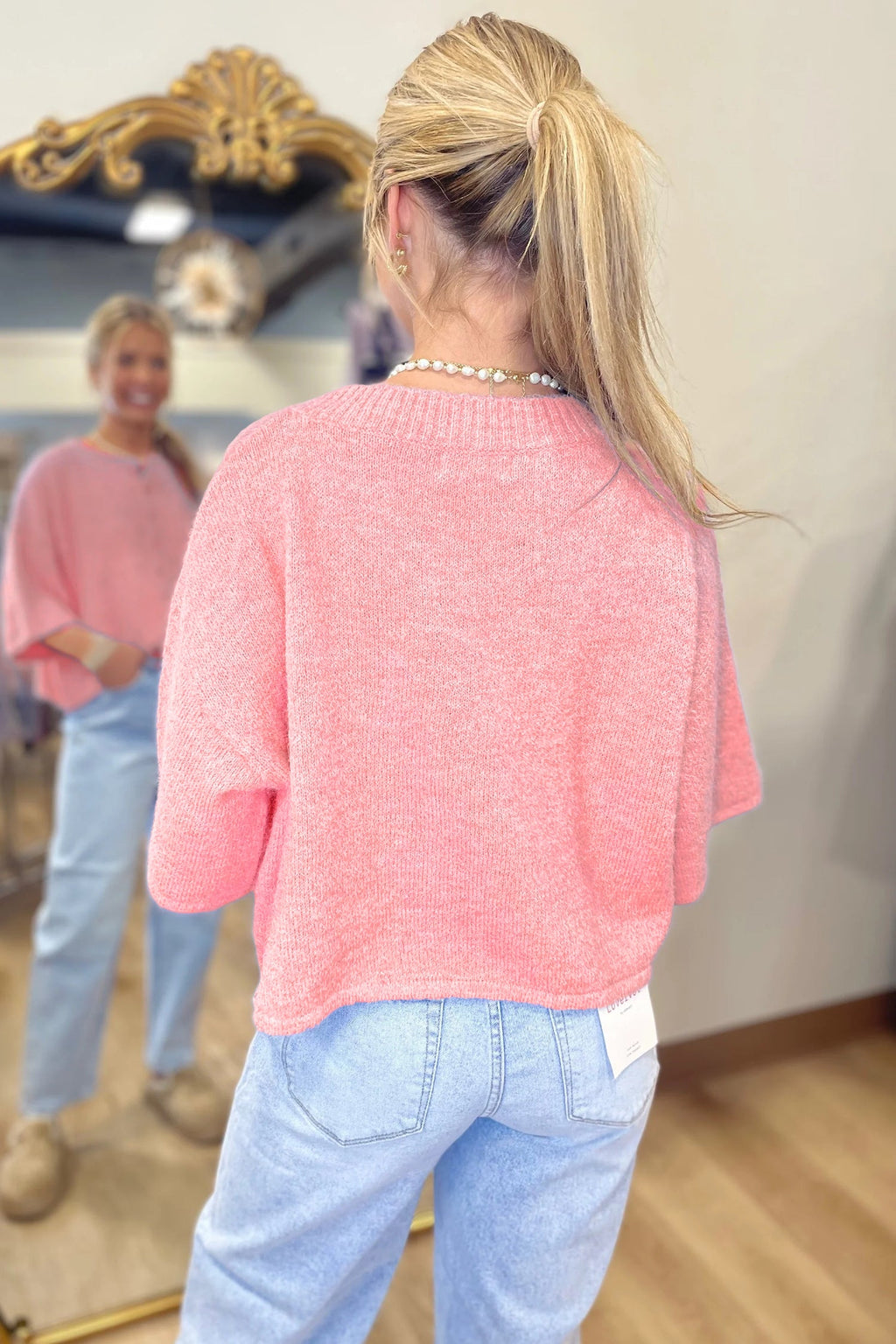 Peach Blossom 3/4 Sleeve Boxy Knit Button Down Sweater Cardigan