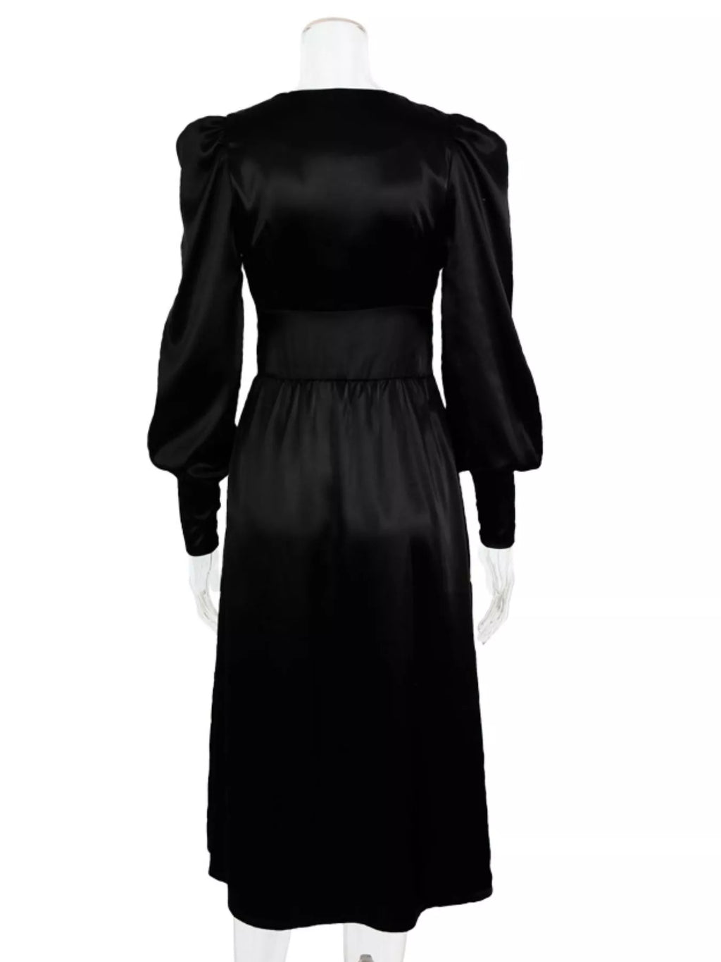 Elegant V-Neck Puff Sleeve Button-Down Midi Dress