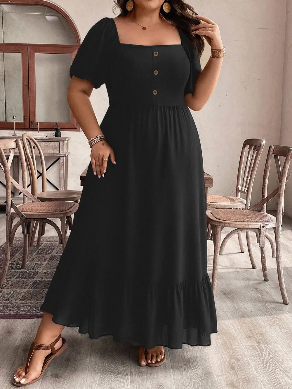 Ruffled Hem Square Neck Short Sleeve Dress