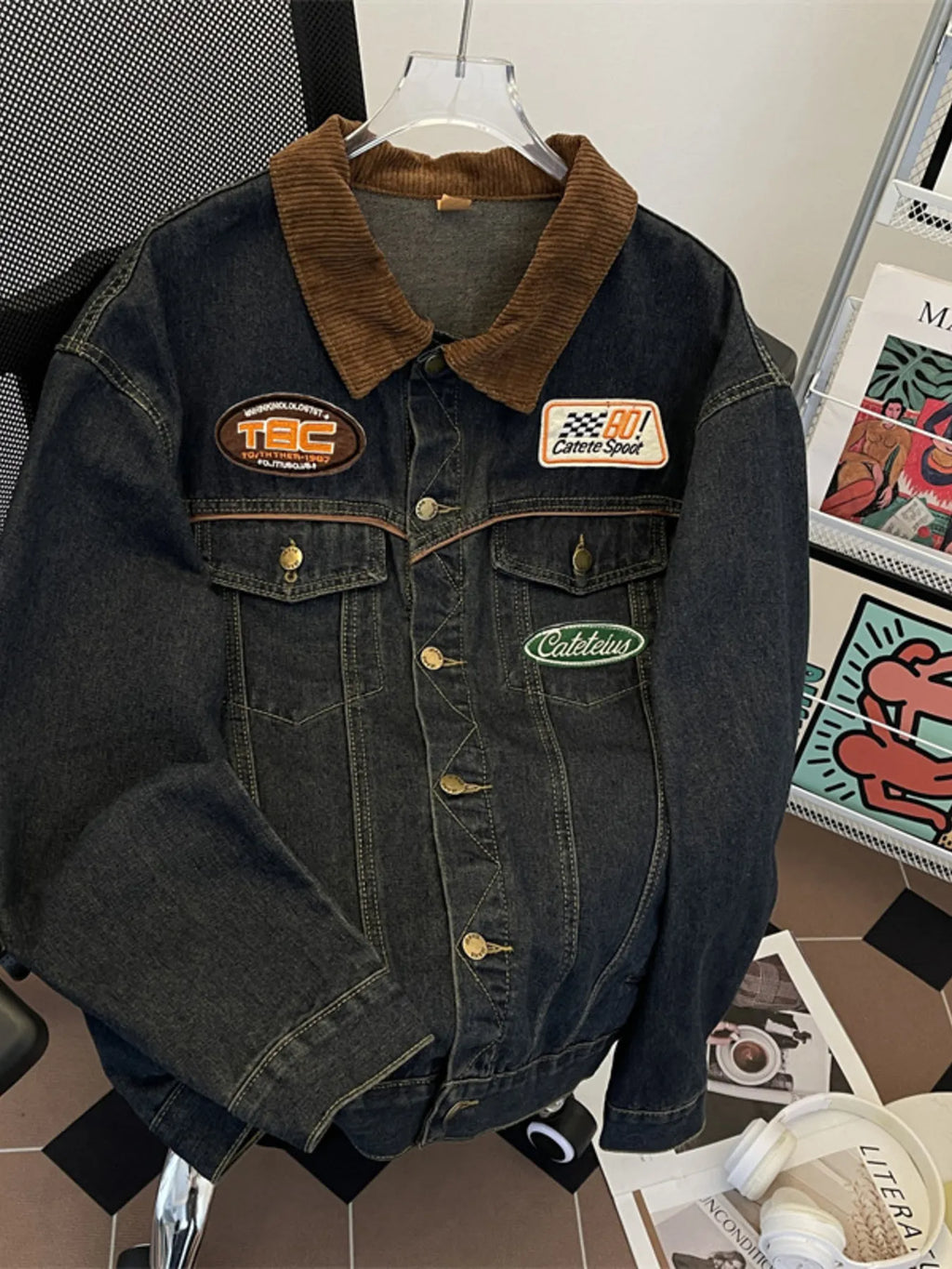 Men's Plus Size Corduroy Collar Button Up Denim Jacket