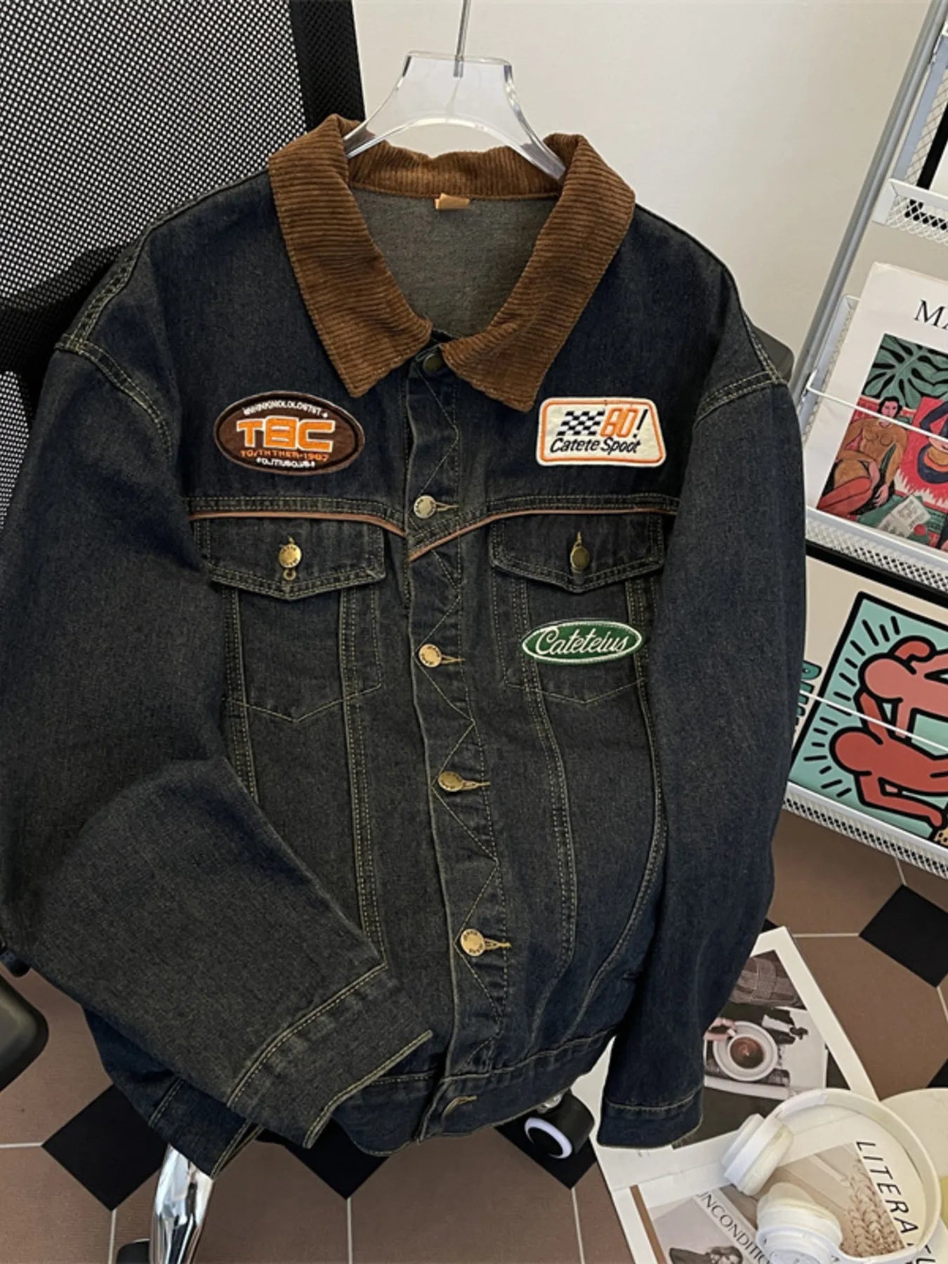 Men's Plus Size Corduroy Collar Button Up Denim Jacket