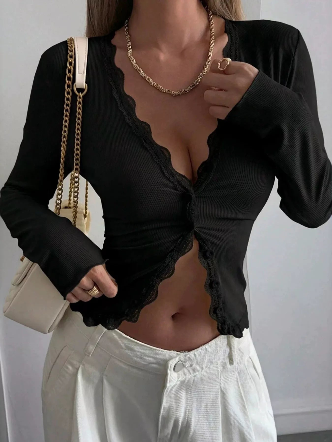 Lace Trim V-Neck Ribbed Long Sleeve Blouse