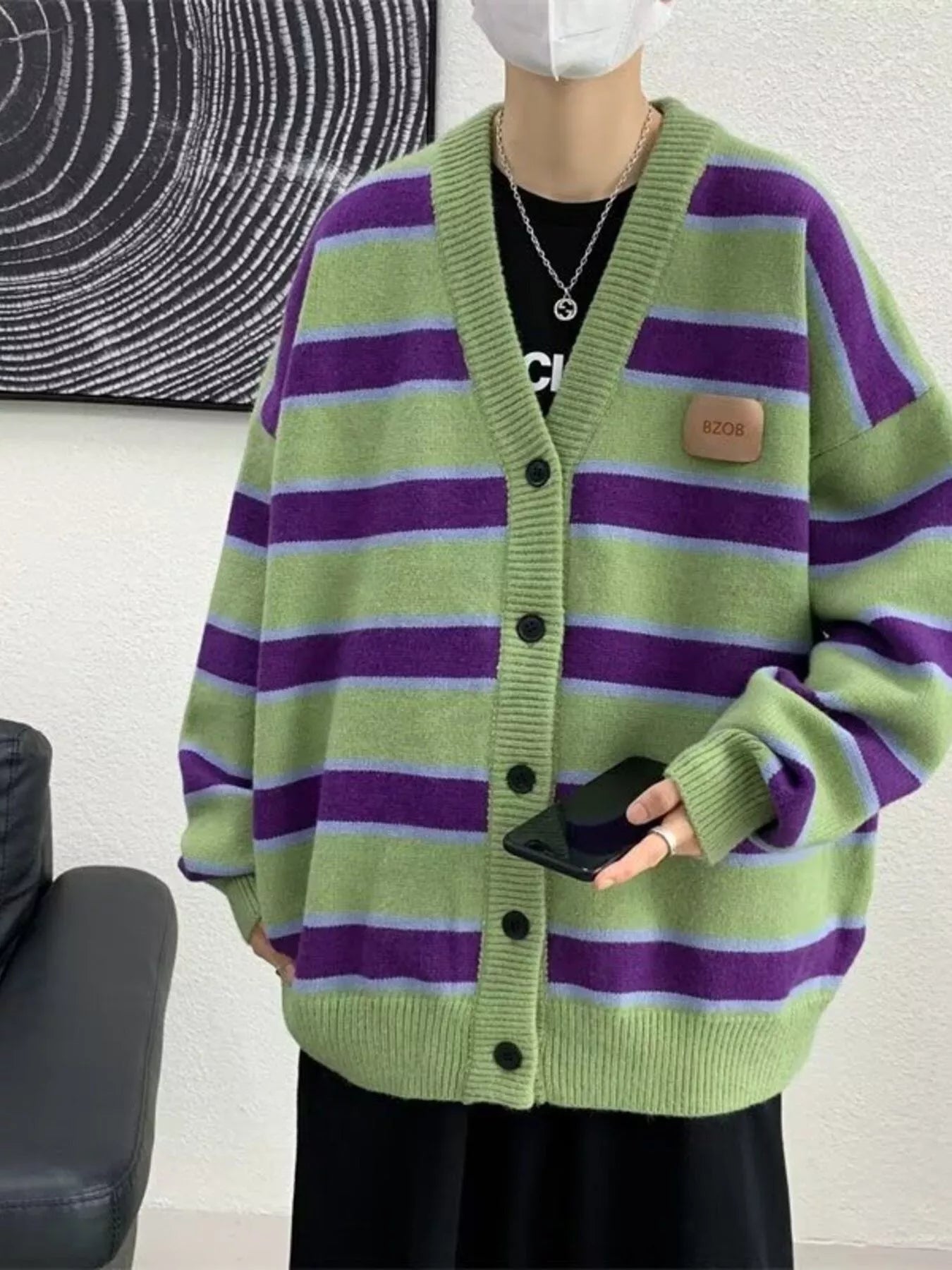 Men's Striped V-Neck Knitted Cardigan