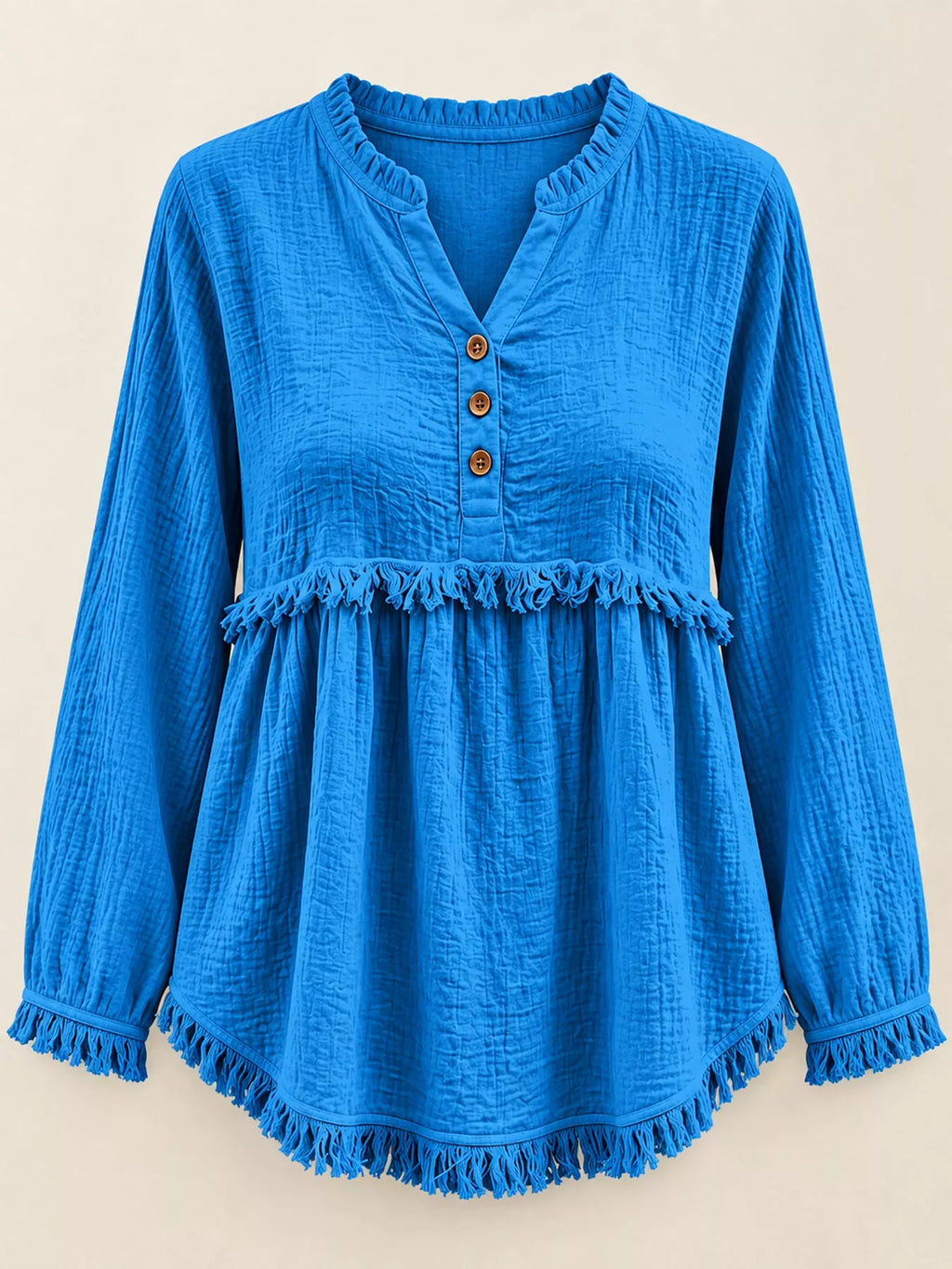 Full Size Frayed Hem Button Detail Blouse Plus Size