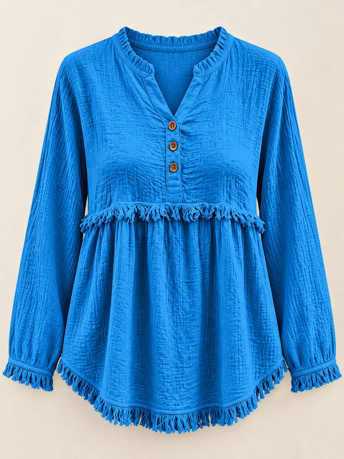 Full Size Frayed Hem Button Detail Blouse Plus Size