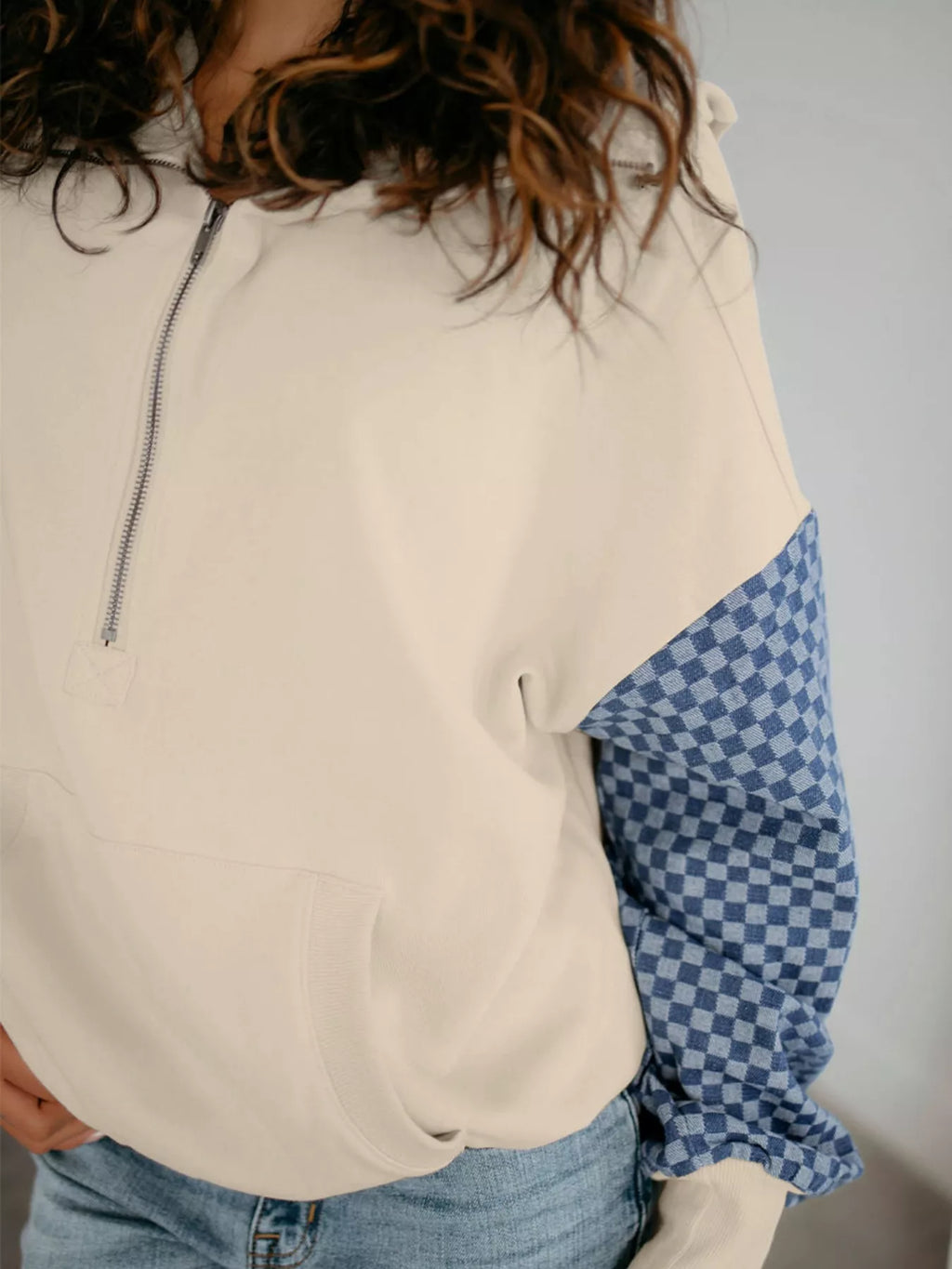 Checkered Color Block Half Zip Sweatshirt – Beige