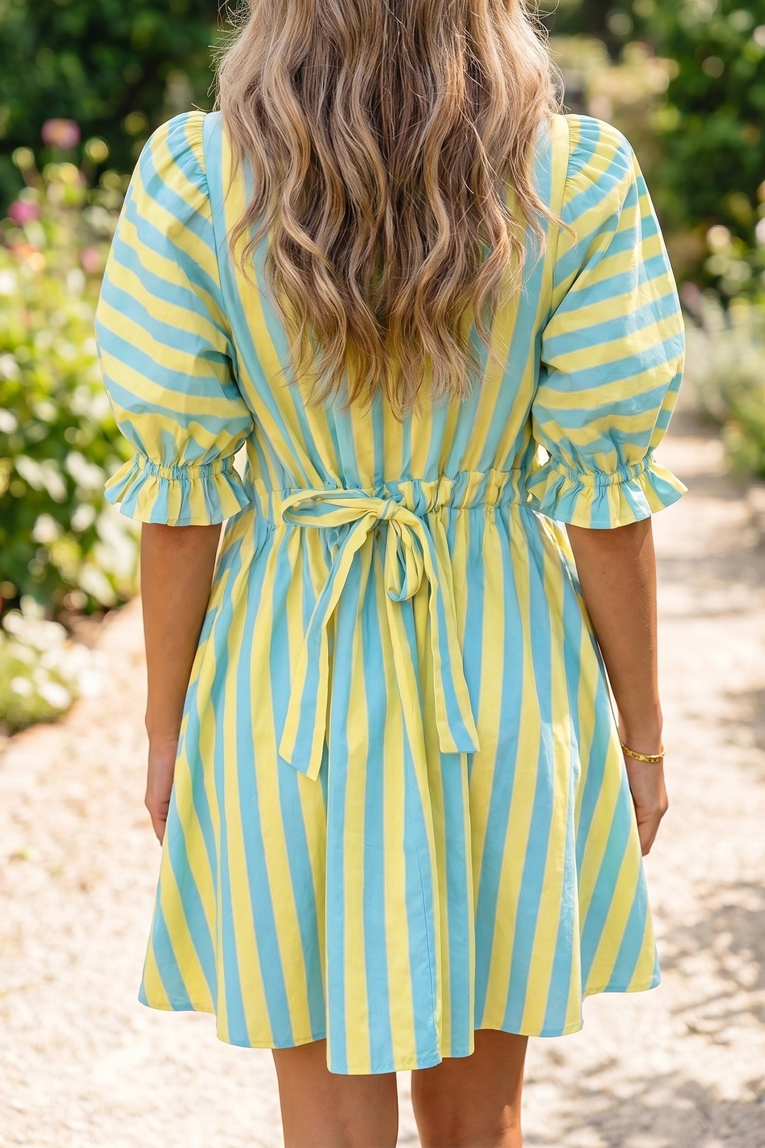 Red Stripe Half Button Puff Sleeve Loose Mini Dress