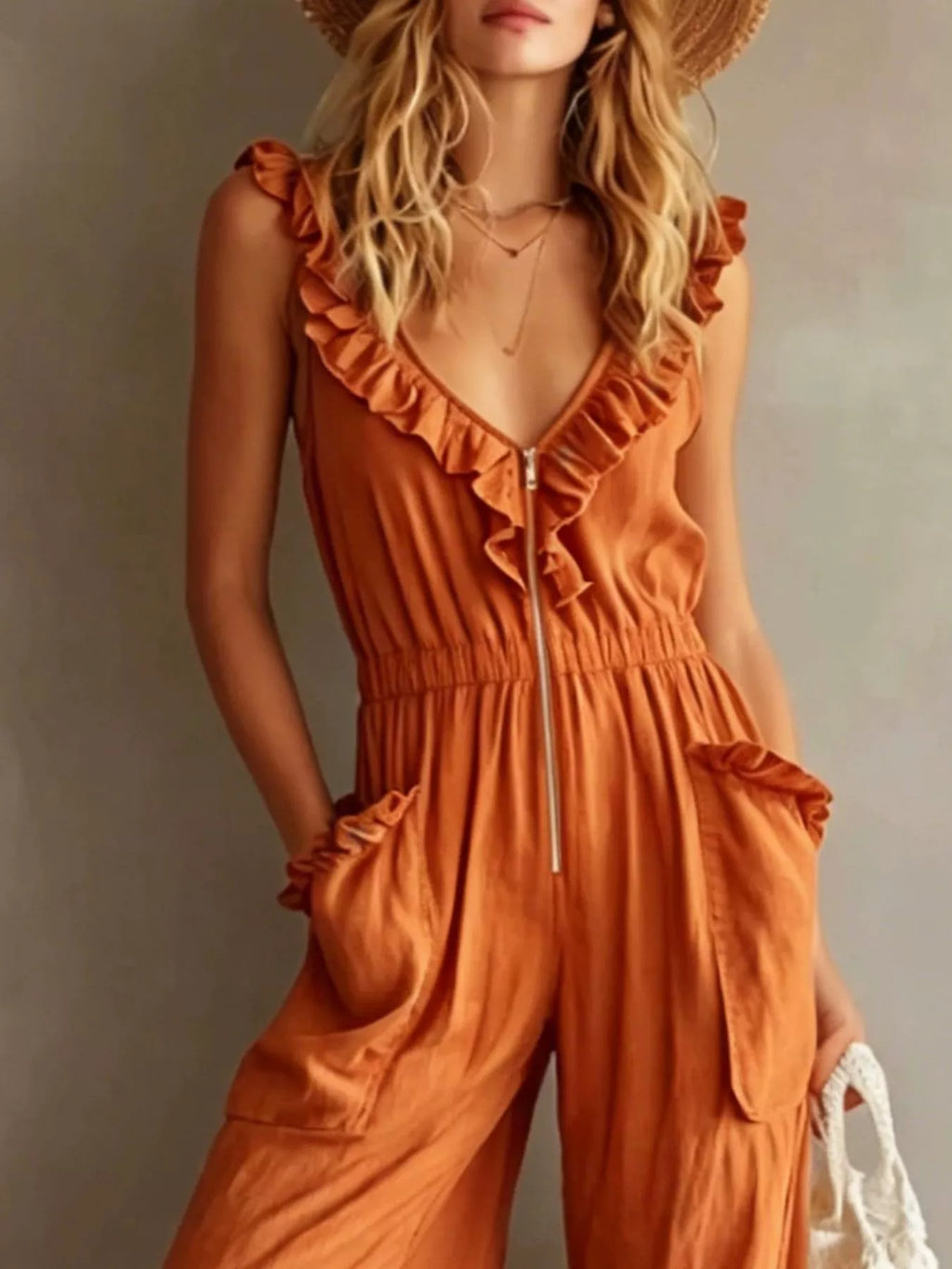 Ruffled V-Neck Wide Leg Jumpsuit