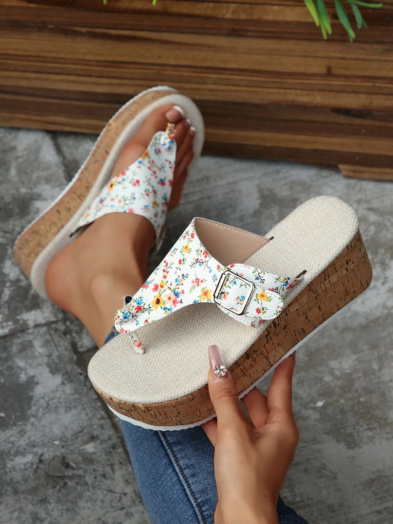 Floral Print Wedge Platform Sandals