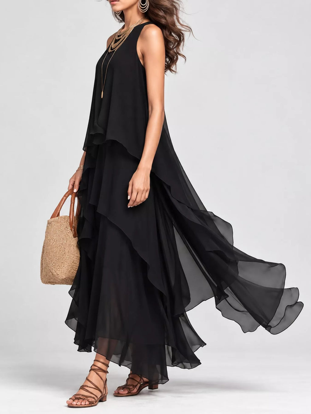 Ruffled Round Neck Sleeveless Maxi Dress