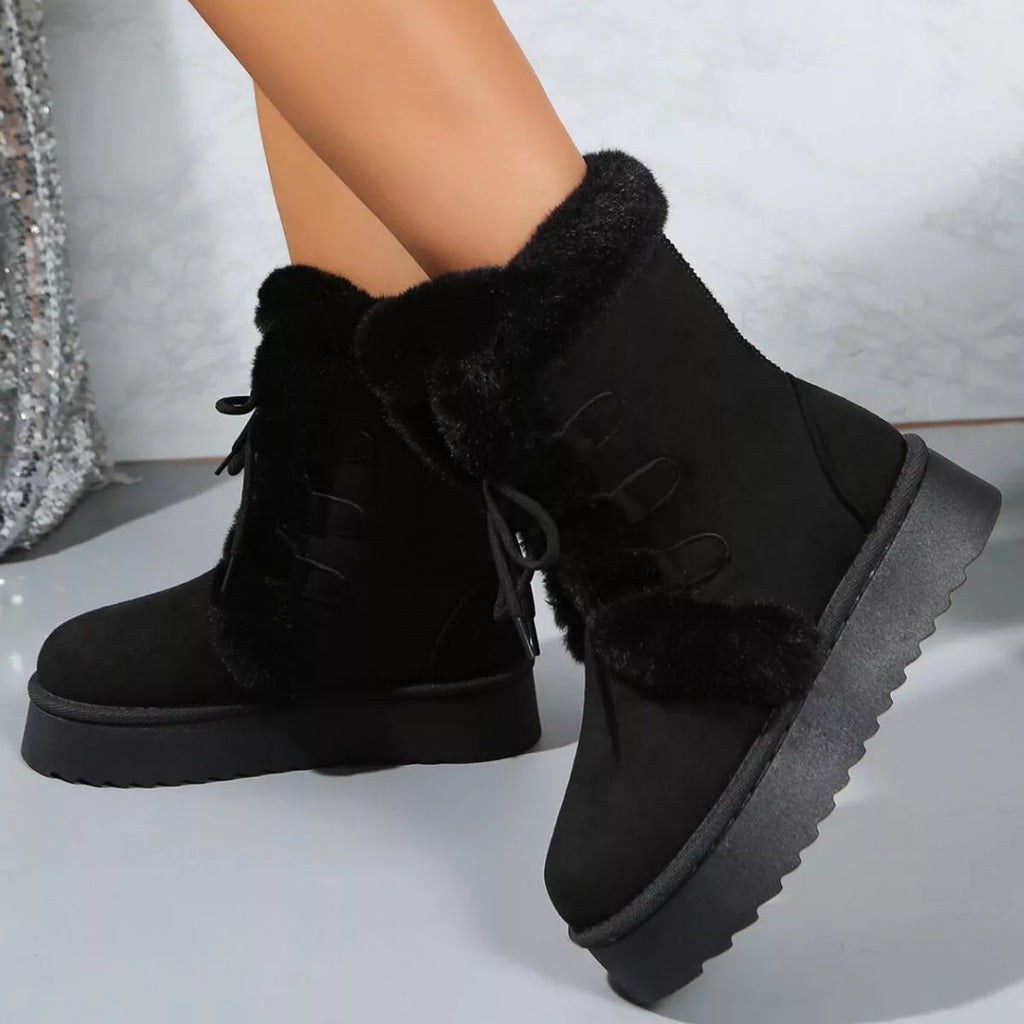 Fuzzy Trim Lace-Up Platform Boots