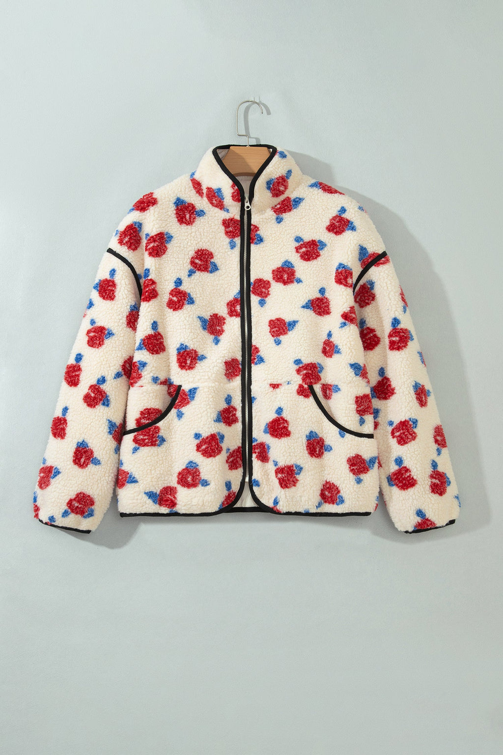 Floral Fleece Contrast Trim Zip Up Coat