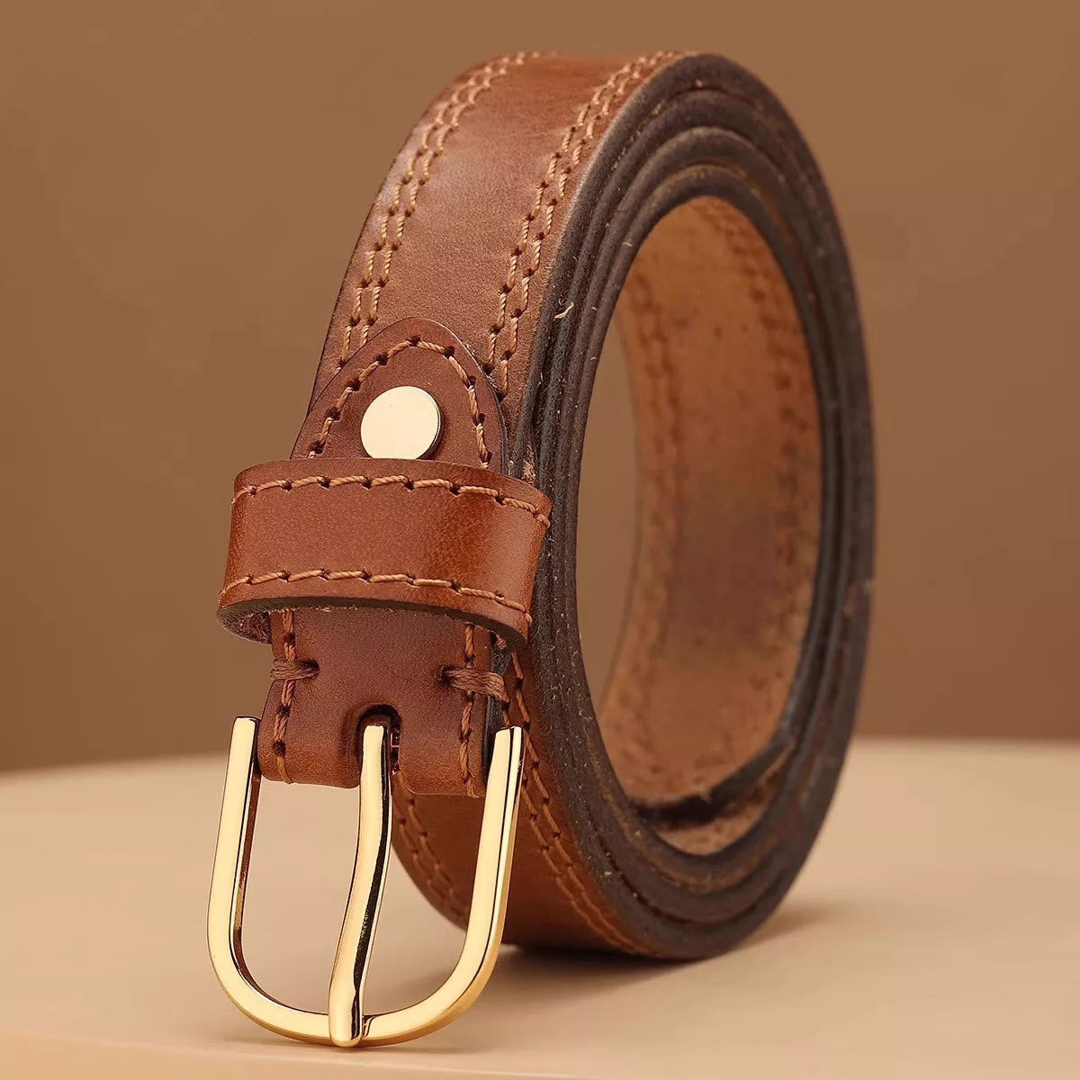 Classic Leather Belt with Golden Buckle