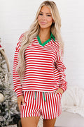 Red Stripe Colorblock Trim Polo Collar Drawstring Elastic Waist Band Casual 2pcs Outfit