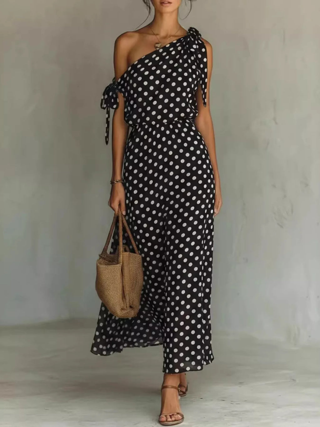 Polka Dot One-Shoulder Maxi Dress