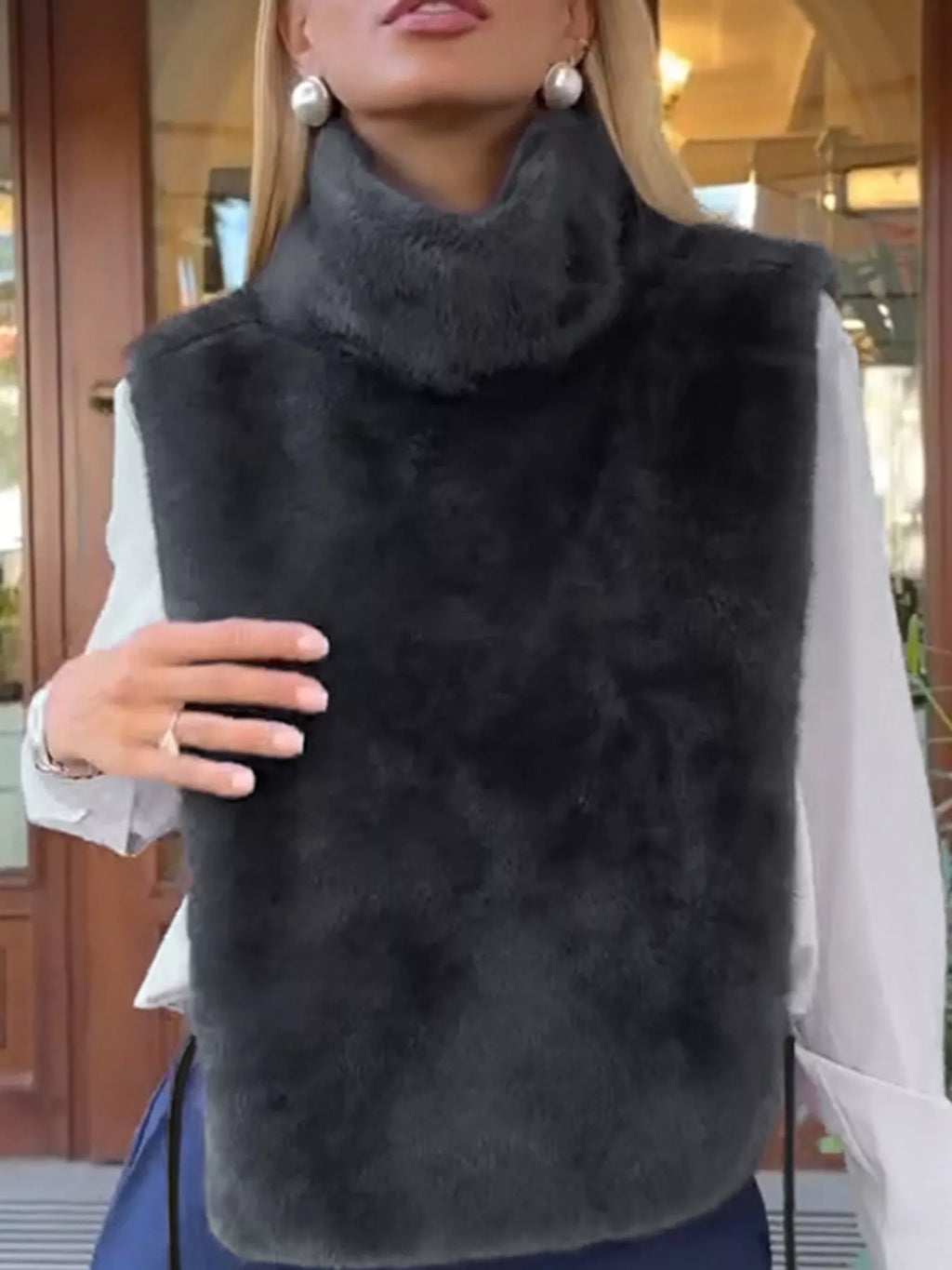 Plush Turtleneck Sleeveless Vest Coat