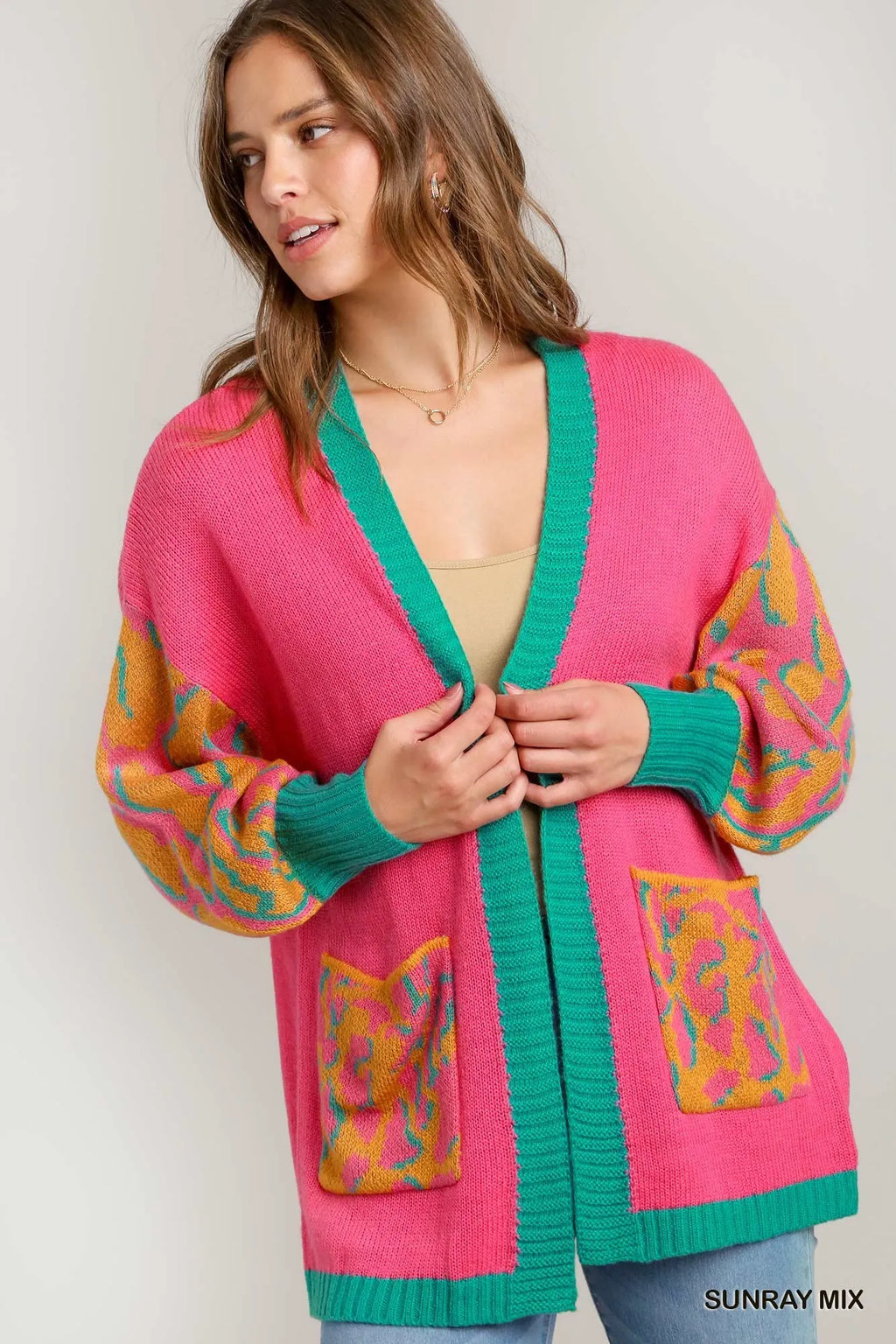 Umgee Animal Print Open Front Sweater Cardigan