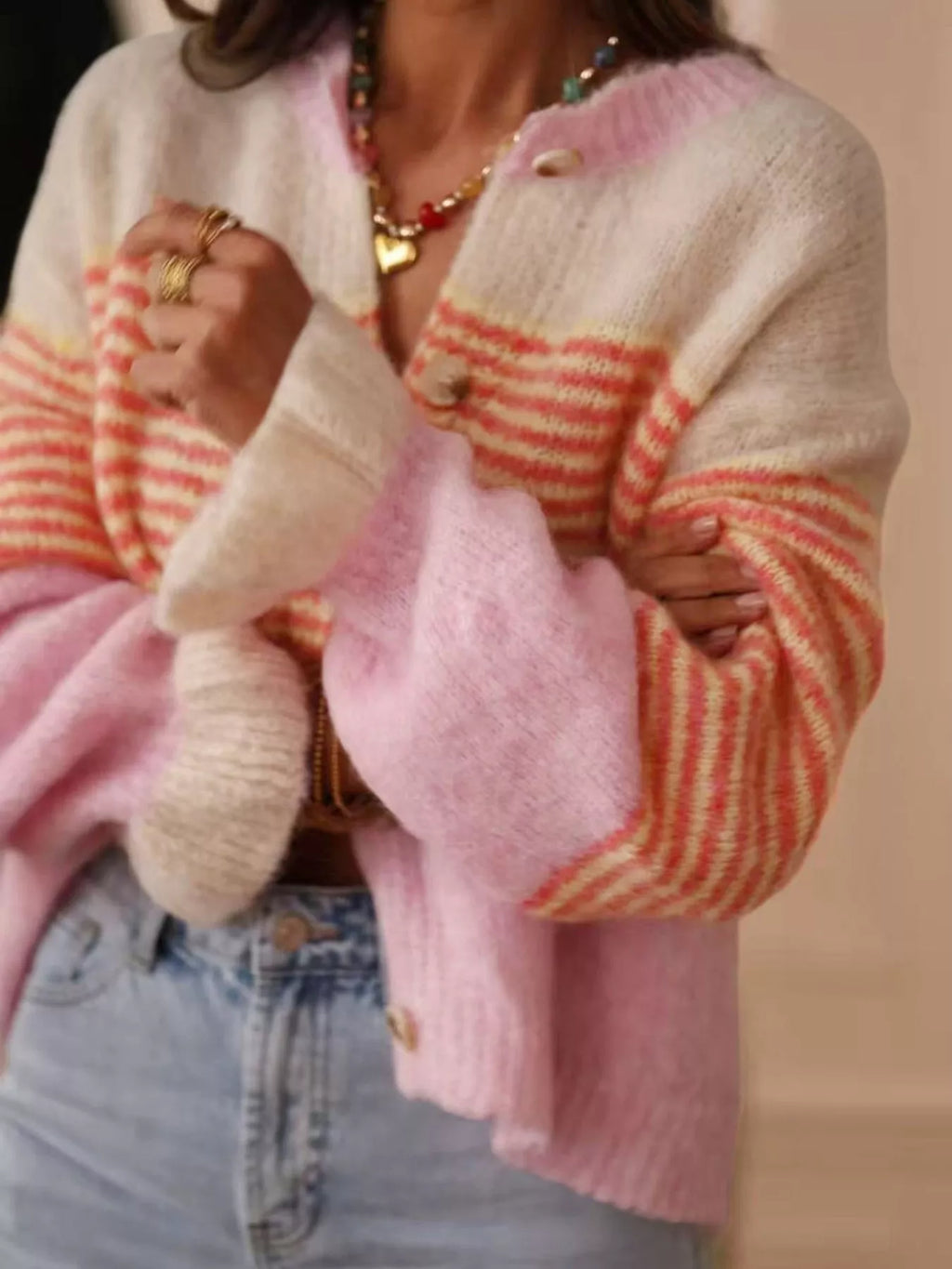 Striped Color-Block Button-Down Cardigan