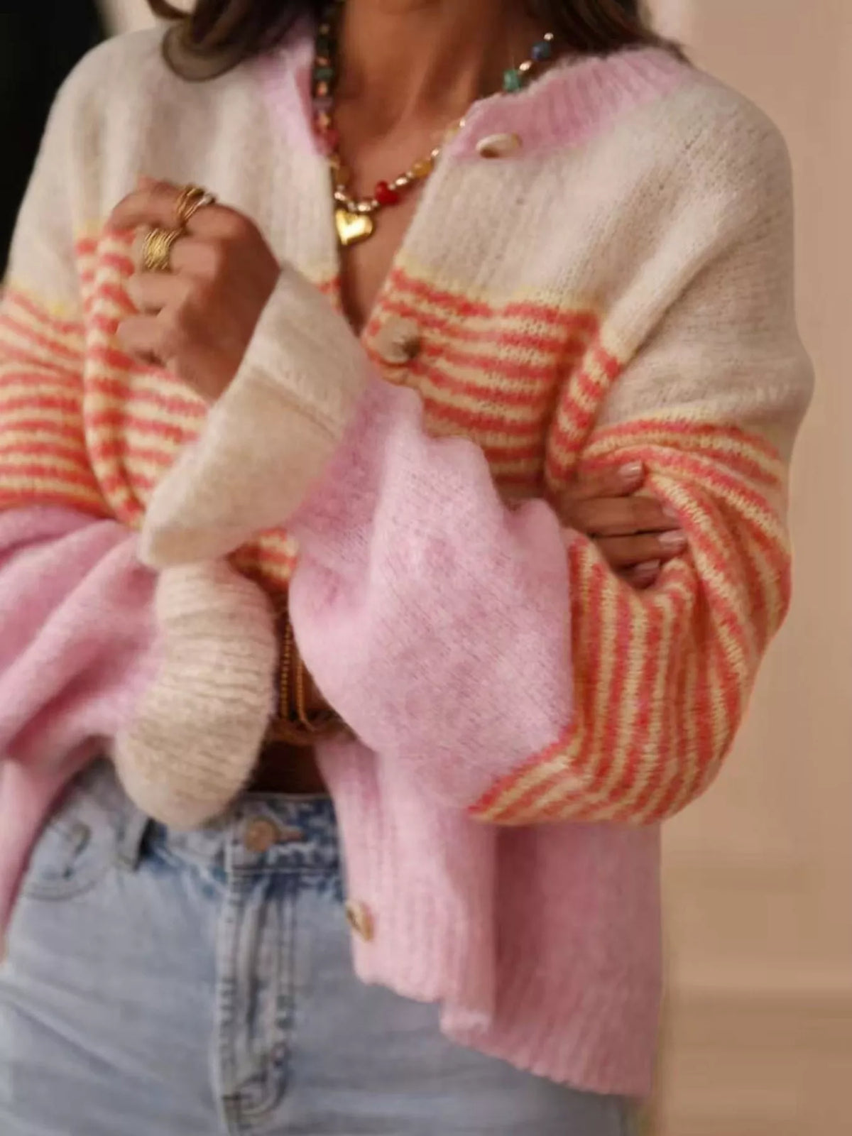 Striped Color-Block Button-Down Cardigan