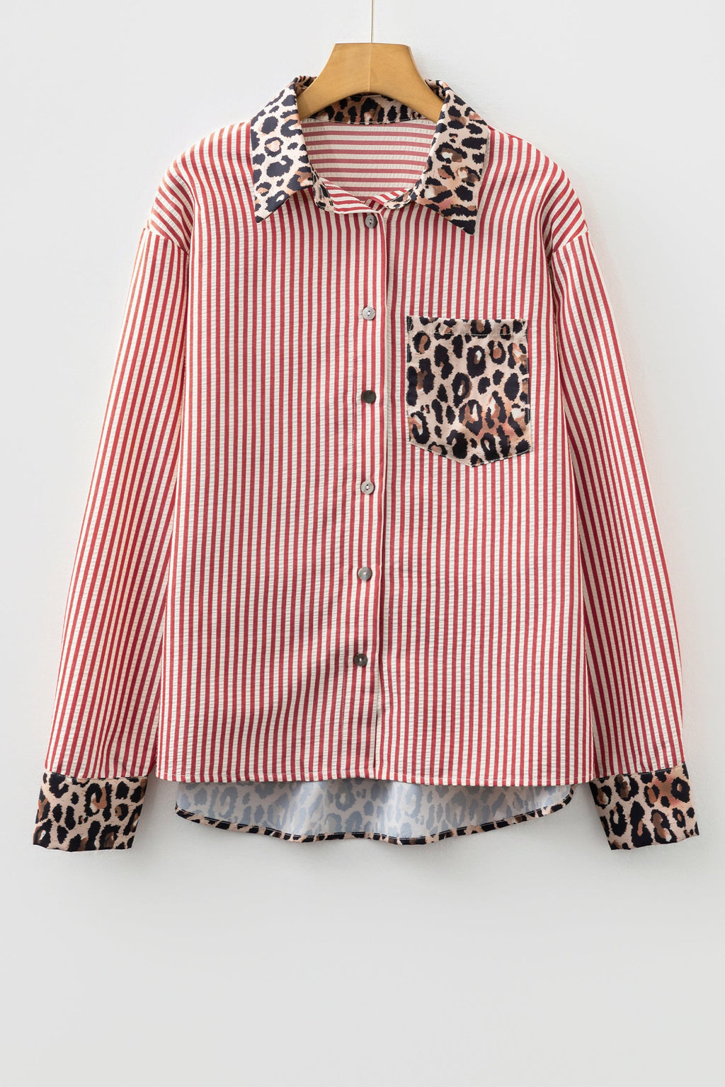 Racing Red Striped Leopard Print Patchwork Button Up Womens Shirt
