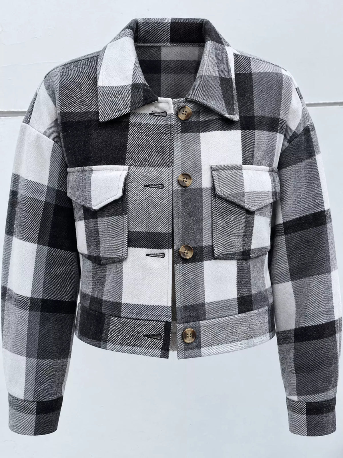 Plaid Button-Front Cropped Jacket