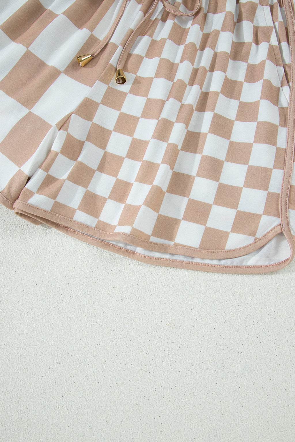 Khaki Double Checkered Print Beaded Drawstring Casual Shorts