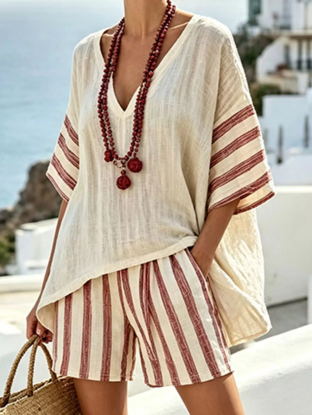 Full Size Striped 3/4 Sleeve Top and Shorts Set Plus Size